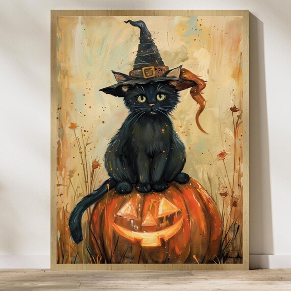 Cute Black Cat In Witch Hat Sitting On Jack O Lantern Poster