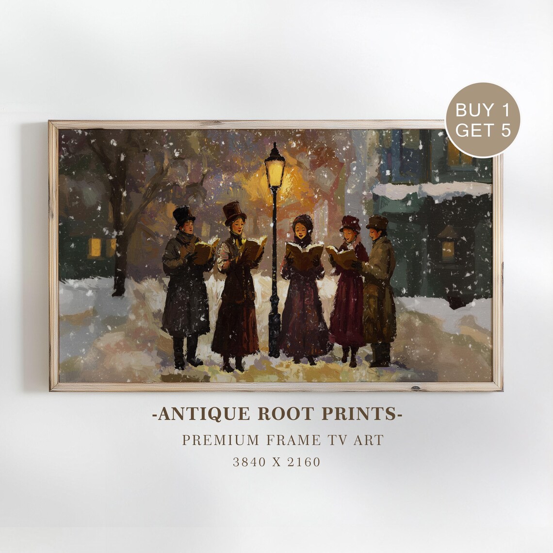 Victorian Christmas Carolers Snowy Streetlamp Vintage Holiday Poster