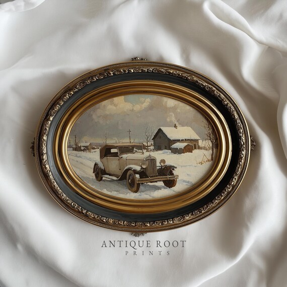 Winter Wall Art Vintage Convertible Car Classic Snowy Landscape Rustic Farmhouse Decor Moody 208