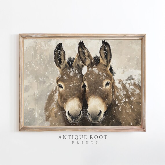Two Donkeys In Snow Realistic Oil Painting Rustic Winter Farmhouse Art Cozy Neutral Decor Wall Instant 94