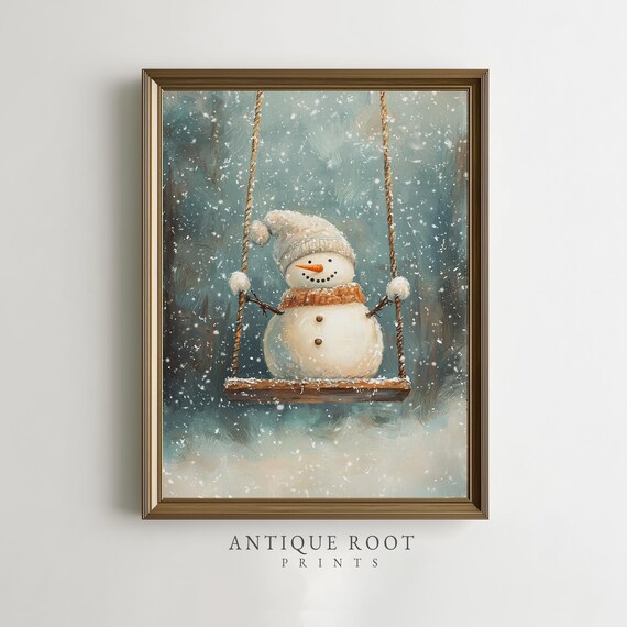 Cute Snowman On Rope Swing In Gently Falling Snow Winter Poster