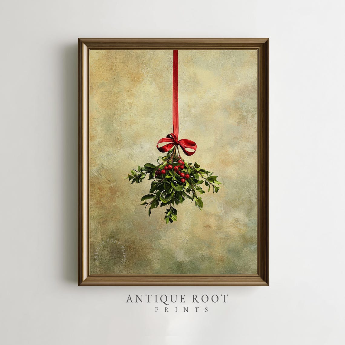 Vintage Mistletoe Red Ribbon Holiday Botanical Painting Poster