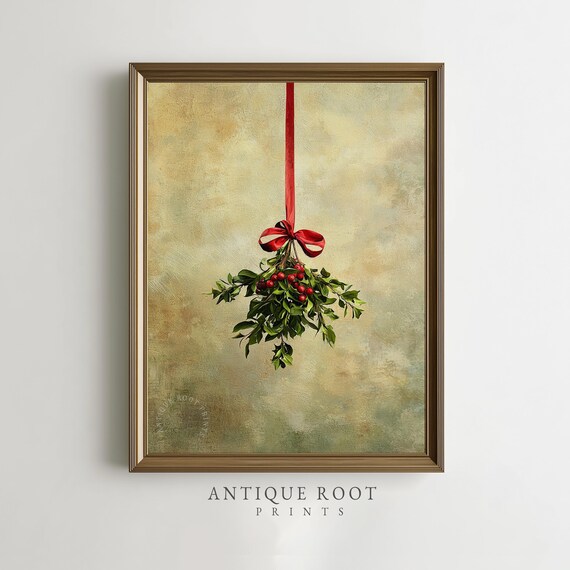 Vintage Mistletoe Red Ribbon Holiday Botanical Painting Poster