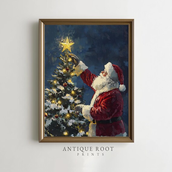 Santa Decorating Christmas Tree Star Night Holiday Scene Poster