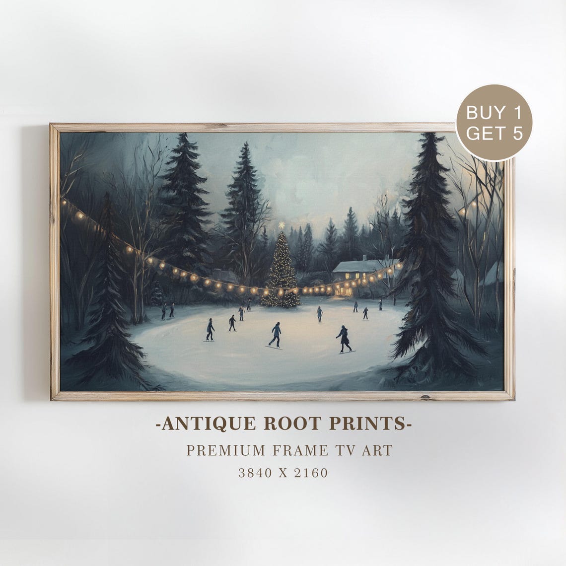 Night Ice Skating Frozen Pond Christmas Tree Lights Winter Art Poster