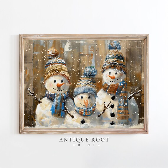 Three Cozy Snowmen Knit Hats Christmas Winter Holiday Art Poster