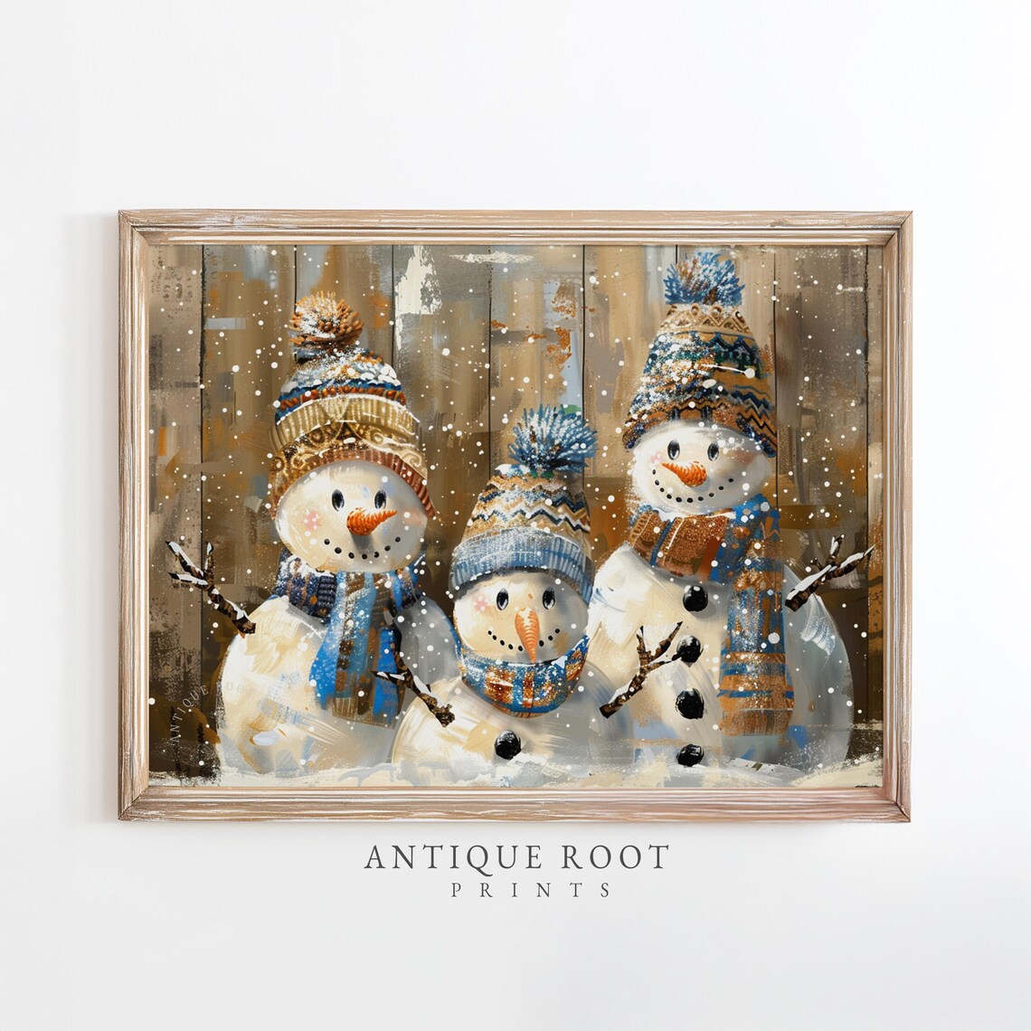 Three Cozy Snowmen Knit Hats Christmas Winter Holiday Art Poster