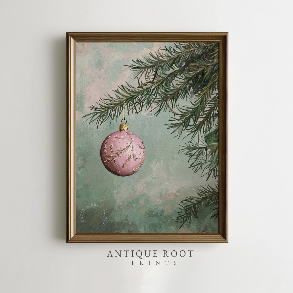 Pink Christmas Ornament Hanging From Pine Branch Vintage Painting Poster
