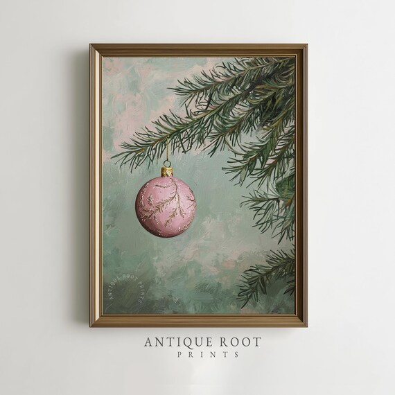 Pink Christmas Ornament Hanging From Pine Branch Vintage Painting Poster