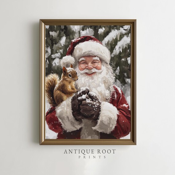 Santa Claus And Squirrel Snowy Forest Cute Christmas Gift Poster