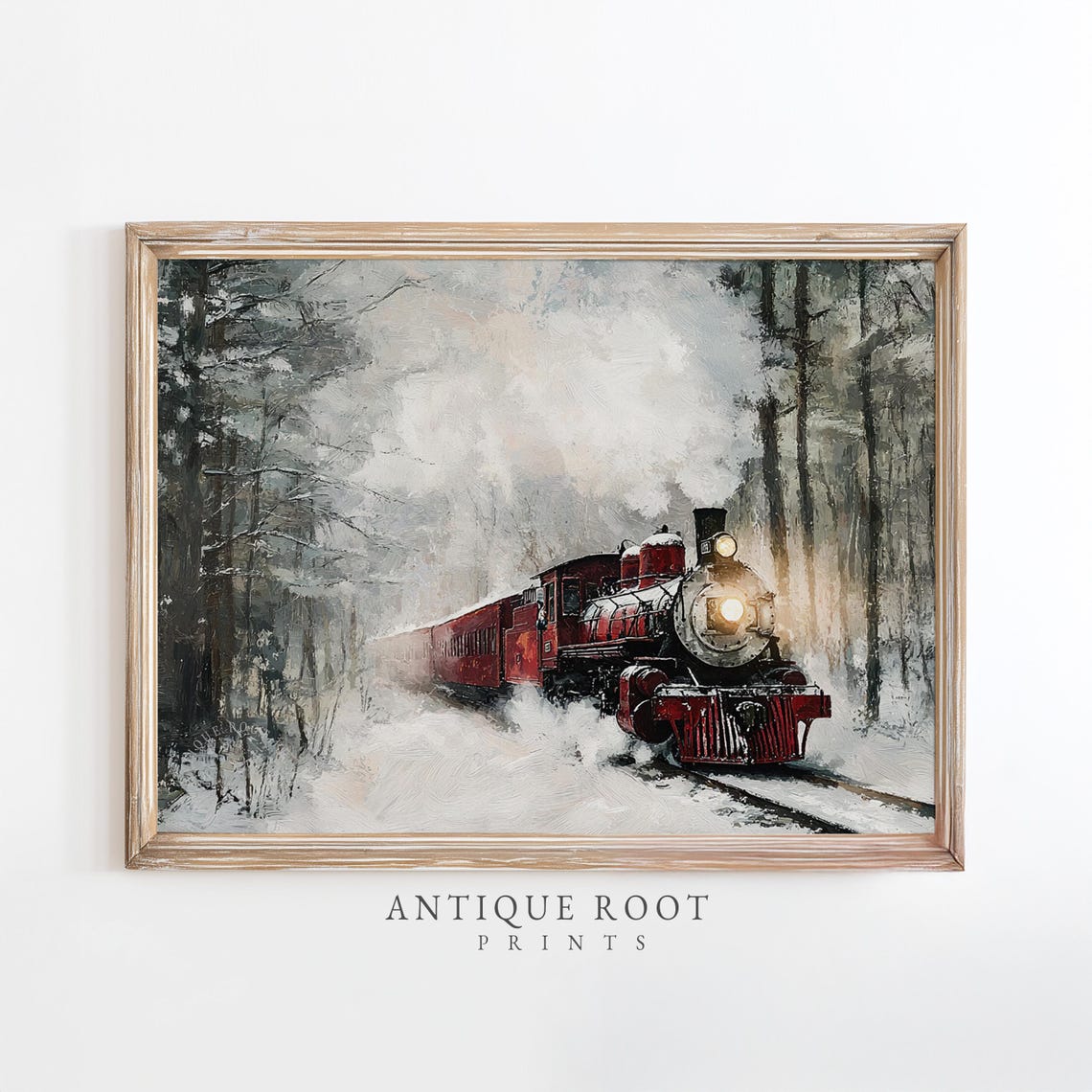 Red Steam Locomotive Snowy Forest Vintage Winter Train Poster