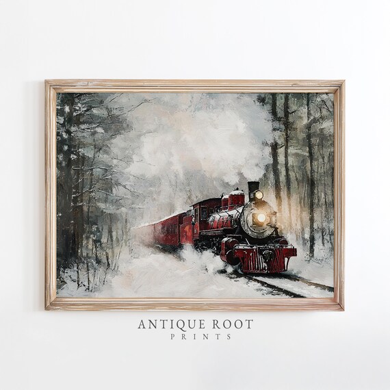 Winter Steam Locomotive Art Moody Vintage Train Print Rustic Snowy Forest Wall Decor Holiday Instant