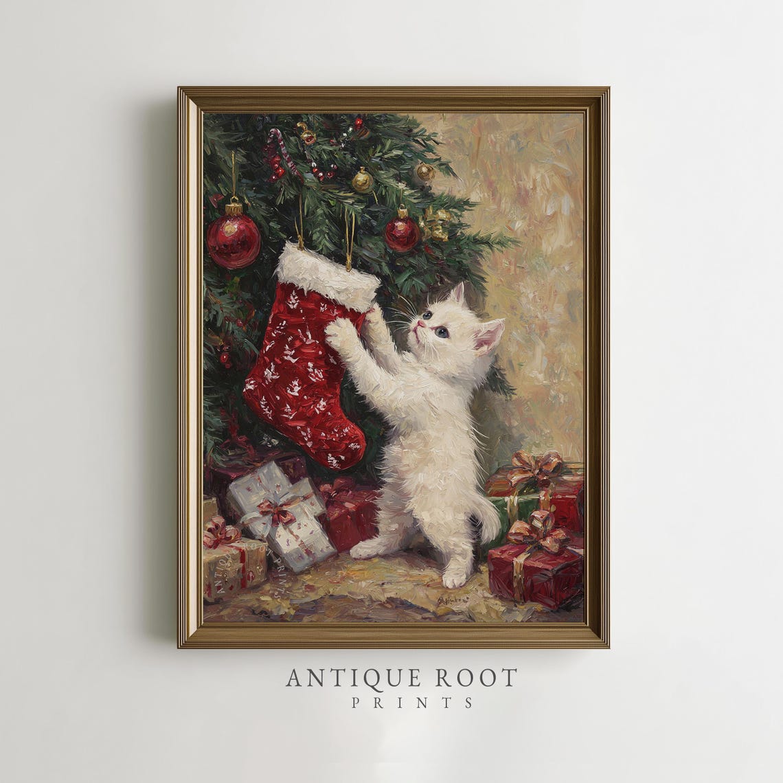 White Kitten With Christmas Stocking Vintage Cozy Holiday Art Poster