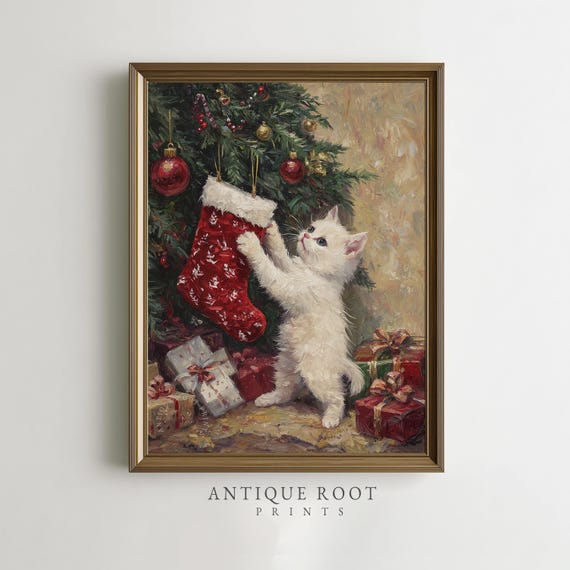 Christmas Kitten Holiday Print Vintage Festive Wall Art Cozy Nursery Decor Traditional Seasonal
