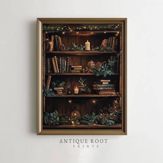 V Bookshelf With Candles And Pinecones Dark Academia Vintage Books Art Cozy Rustic Winter Decor Detailed Painting 172