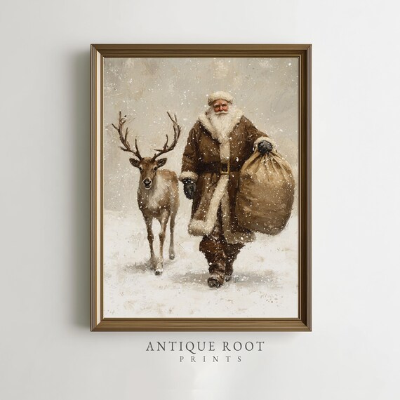 Vintage Santa Claus with Reindeer Snowy Christmas Oil Painting Poster