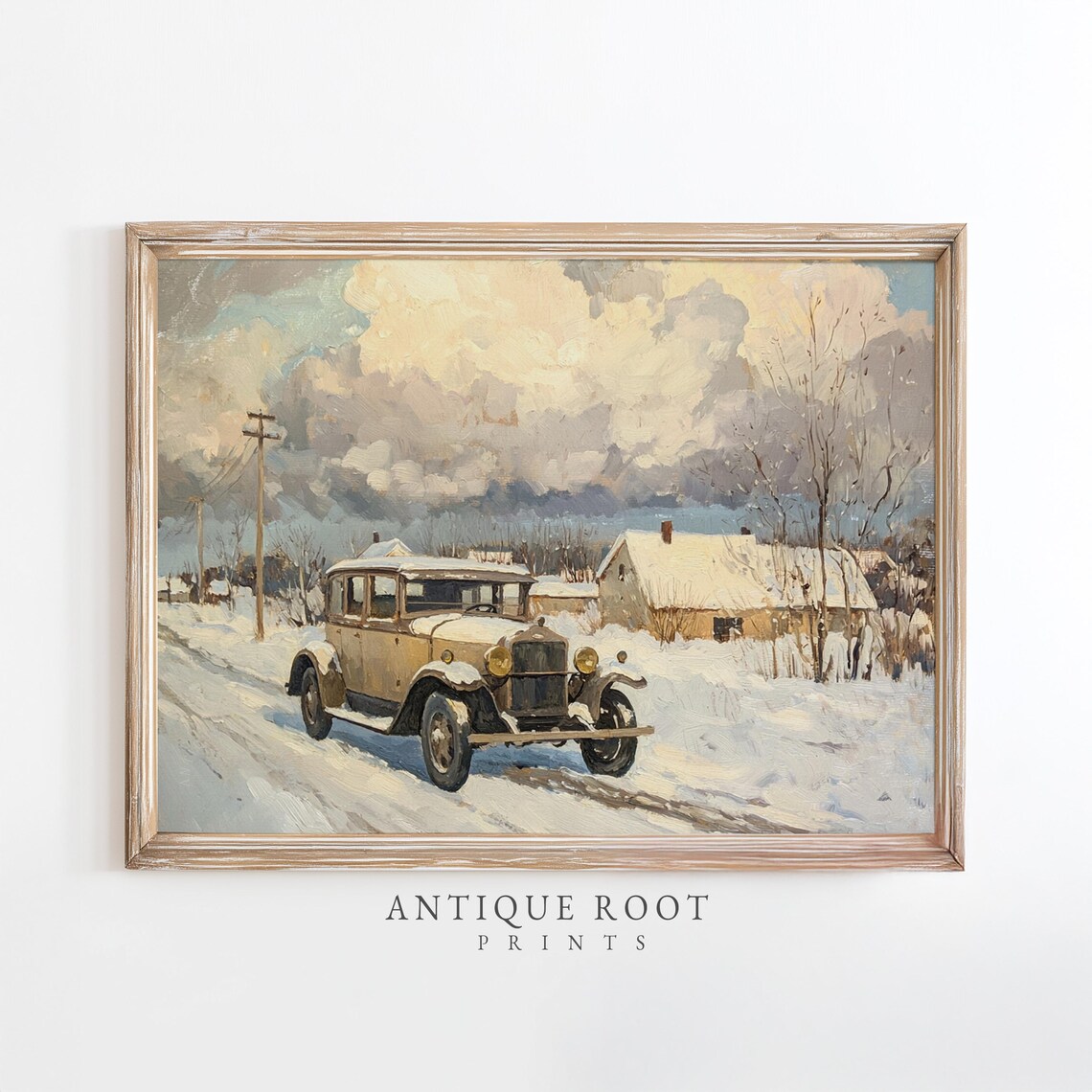 Vintage 1930s Automobile Snowy Country Road Winter Art Poster