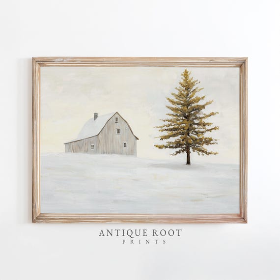 Winter Barn And Pine Tree Print Rustic Farmhouse Landscape Neutral Wall Art Minimalist Decor Vintage Style 103