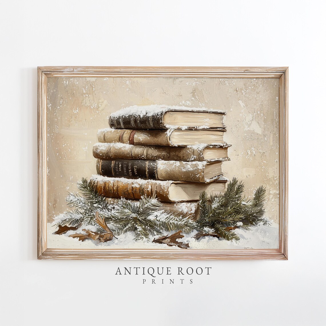 Snow Dust Vintage Book Stack Pine Sprigs Cozy Winter Still Life Poster