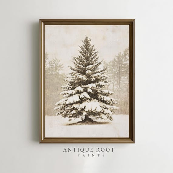 Snowcovered Evergreen Tree Art Cozy Winter Rustic Farmhouse Painting Impressionist Holiday Wall Instant 81