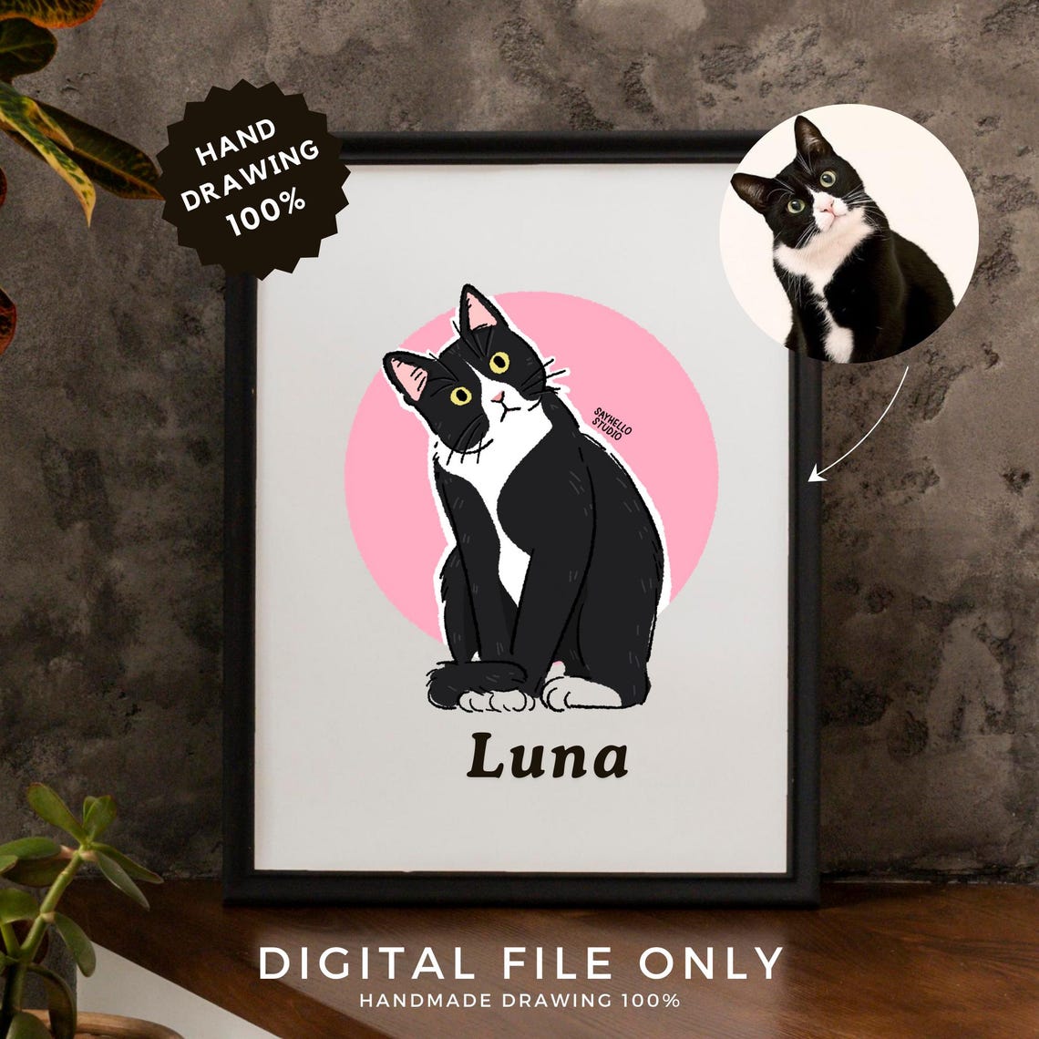 Luna the Tuxedo Cat Custom Cartoon Pet Portrait Illustration Poster