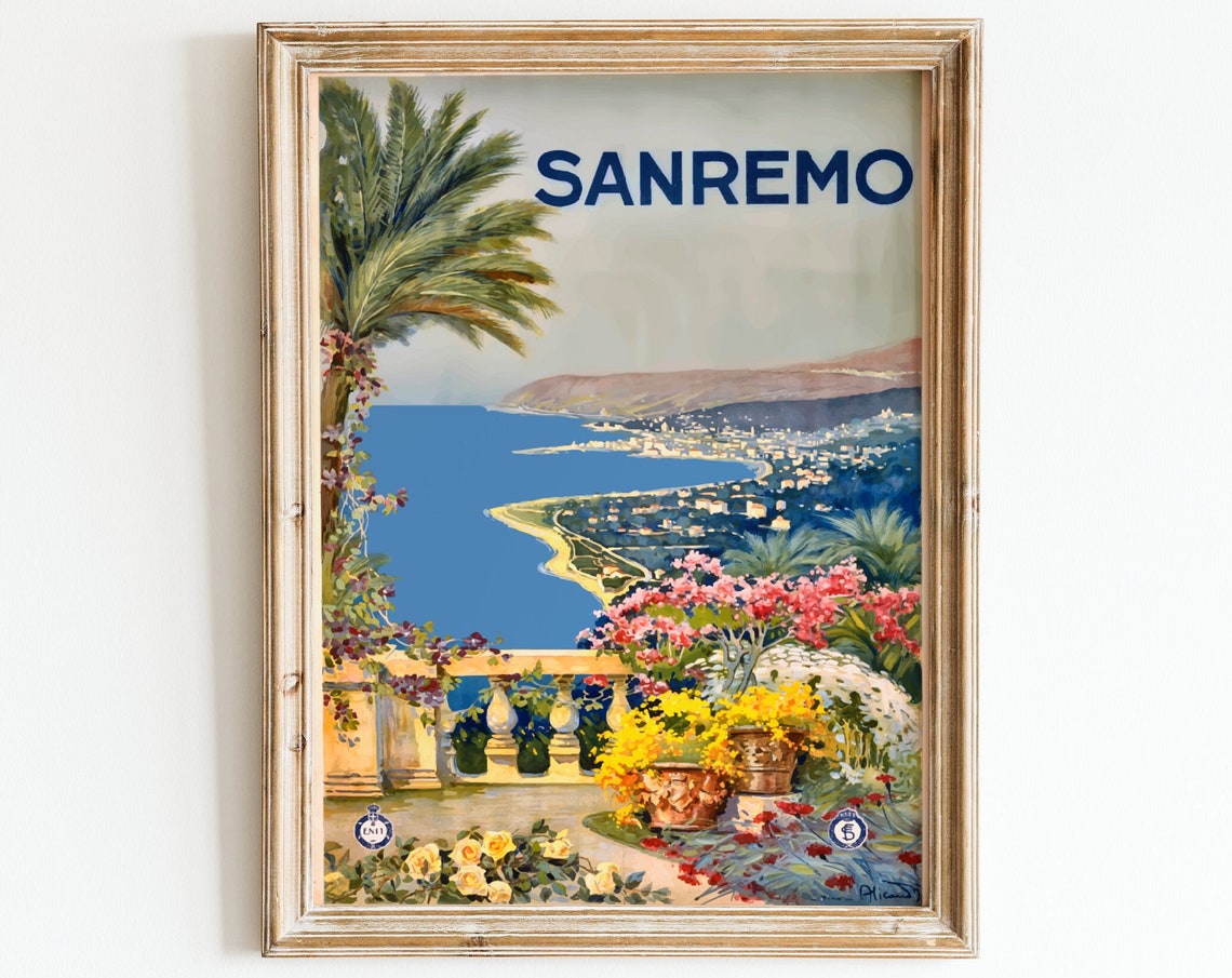Vintage Travel Poster Sanremo Italy Retro Art Coastal Italian Landscape Painting Mediterranean Sea Art Print Terrace Flowers Artwork