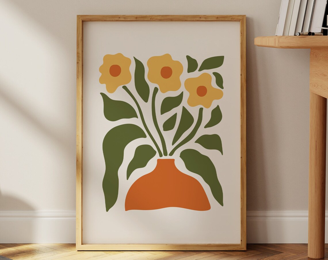 Retro Yellow Flowers in Orange Vase Funky Minimalist Art Poster