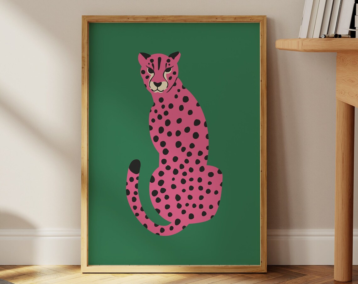 Pink Cheetah Pop Art Portrait on Green Background Statement Poster