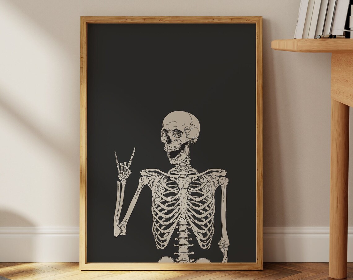 Peace Sign Skeleton on Black Gothic Anatomical Artwork Poster