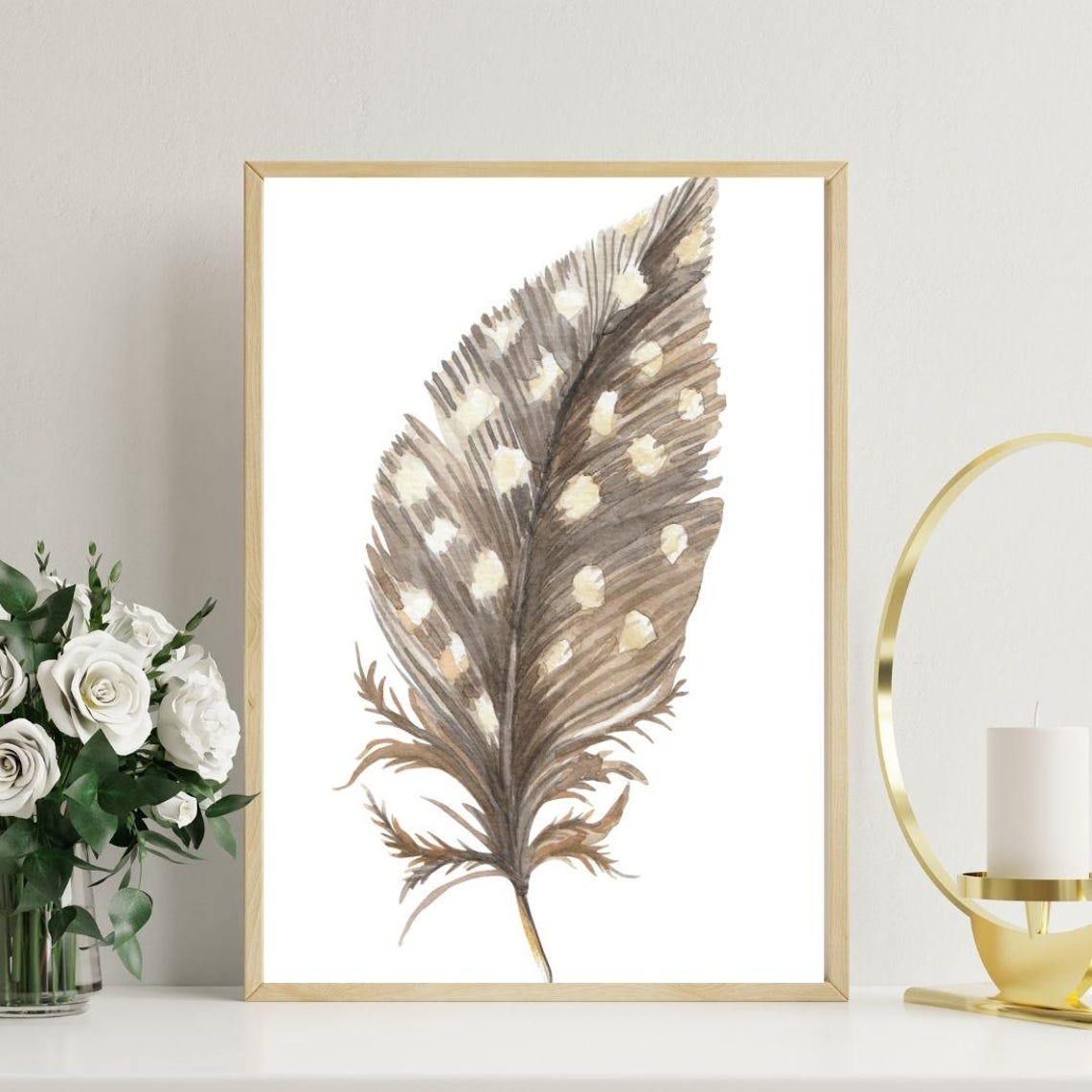 Elegant Gray Watercolor Feather White Spots Serene Boho Art Print - Image 2