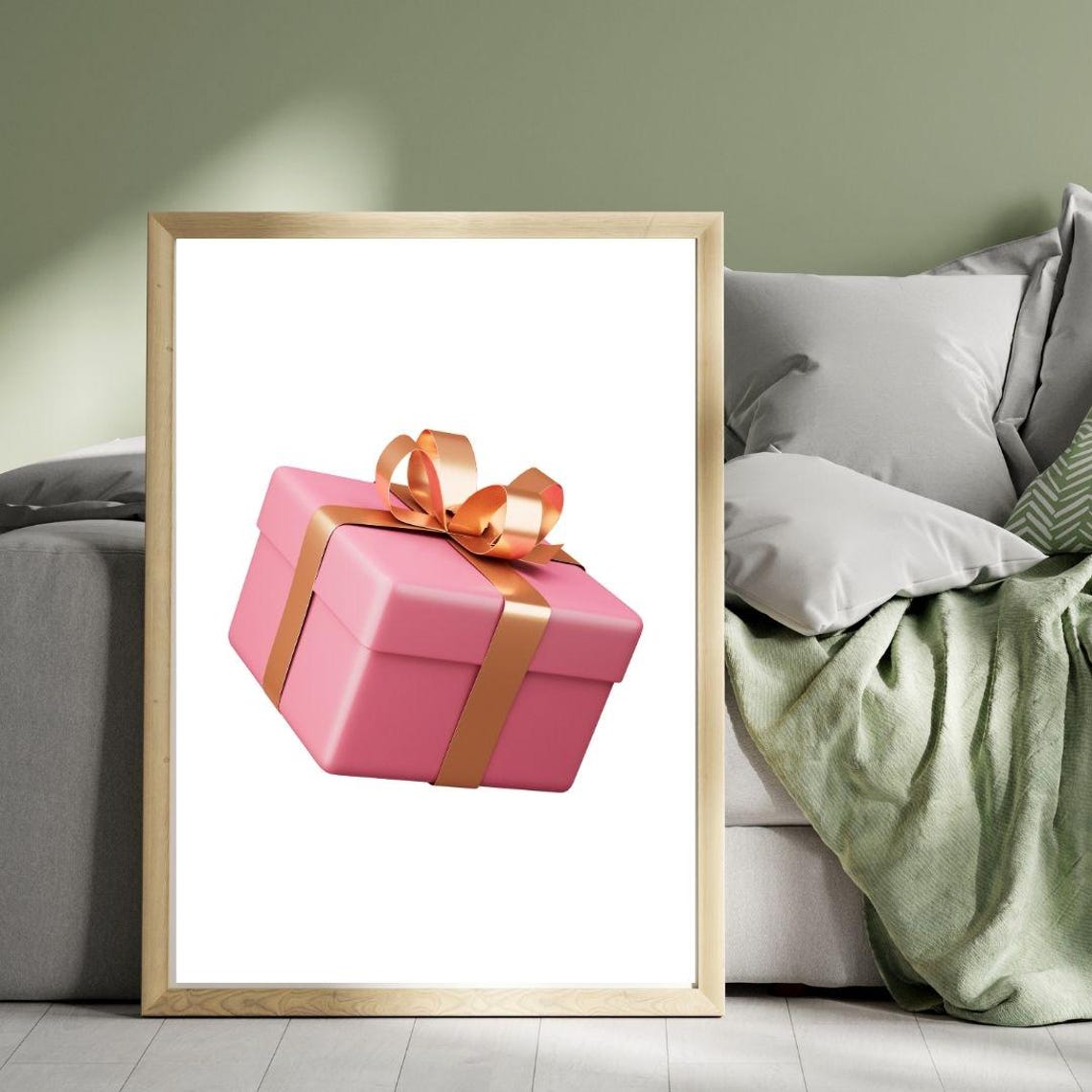 Glossy Pink 3D Gift Box Gold Ribbon Birthday Party Fun Art Poster