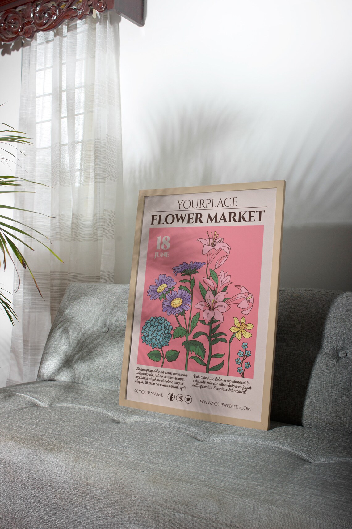 Customizable Pink Flower Market June 18 Retro Floral Botanical Poster - Image 2