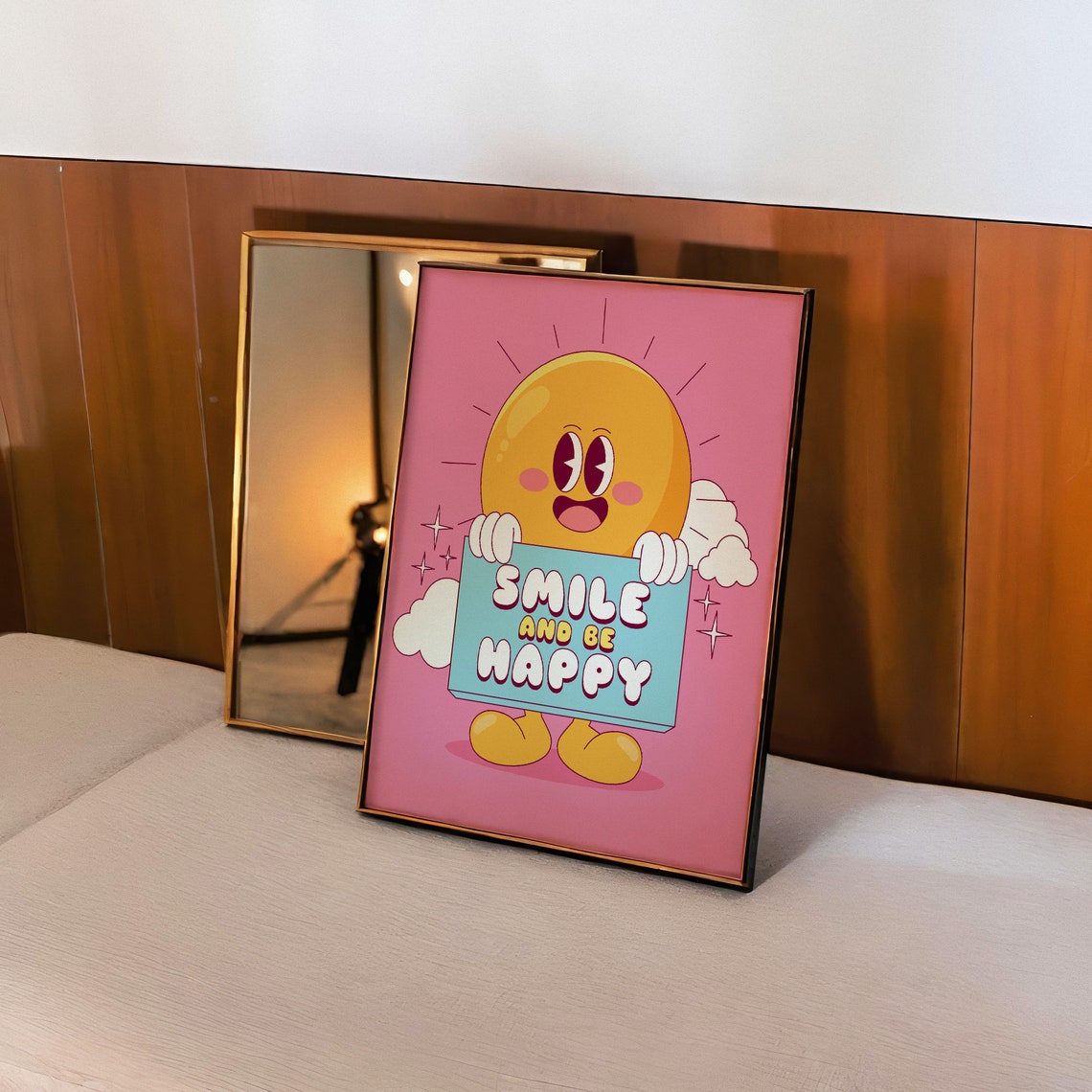 Smile and Be Happy Poster with Cartoon Sun on Pink Backdrop Art - Image 2