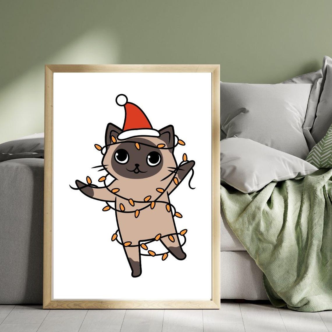 Funny Siamese Cat In Santa Hat Tangled In Christmas Lights Print - Image 3