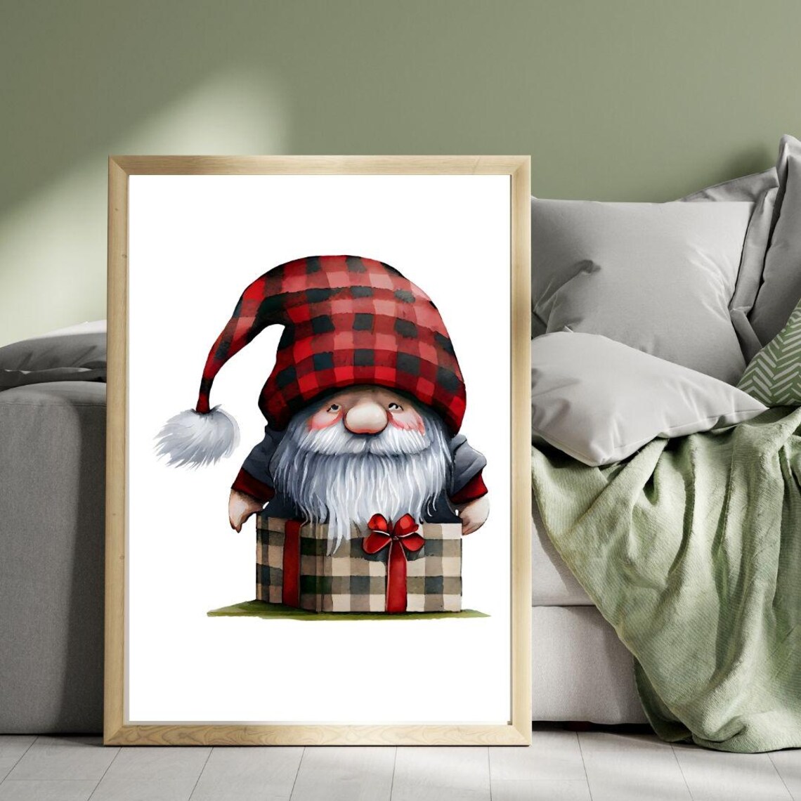 Buffalo Plaid Christmas Gnome Holding Wrapped Gift Watercolor Poster - Image 3