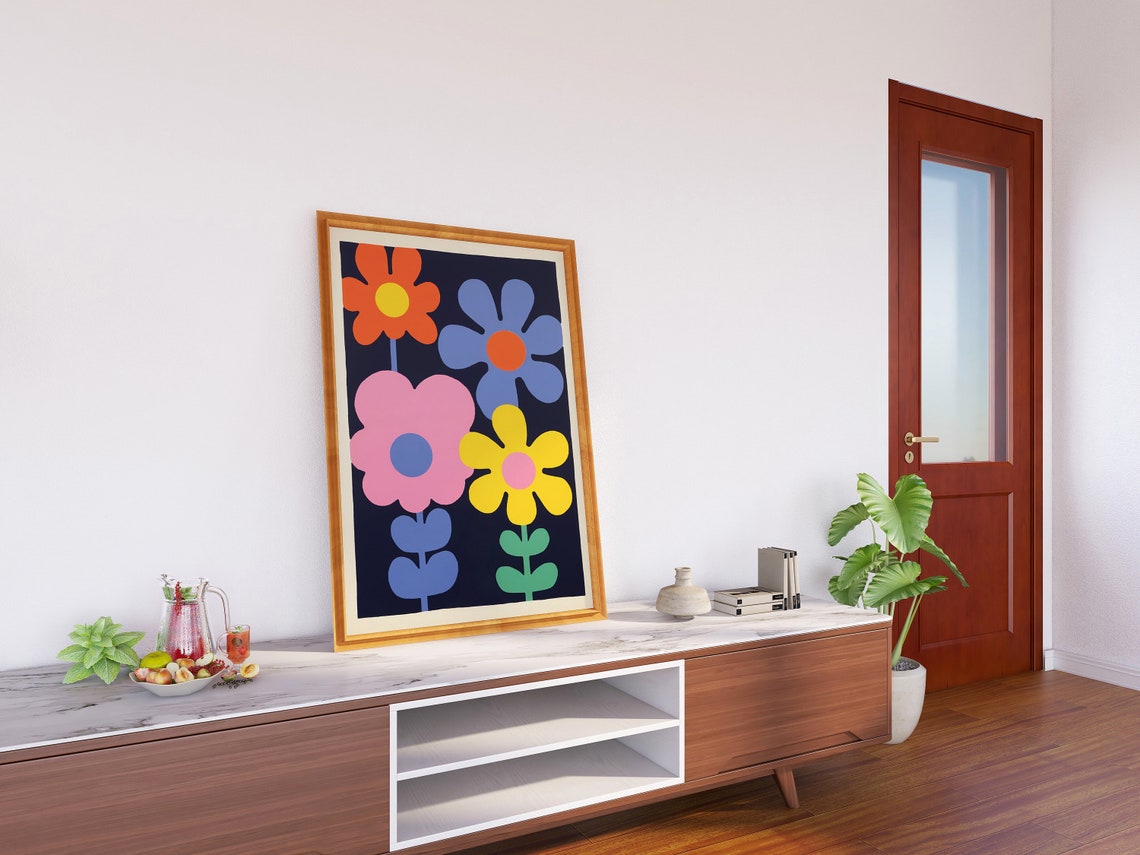 Bold Colorful Retro Flower Blocks Navy Blue Modern Graphic Art Print - Image 2