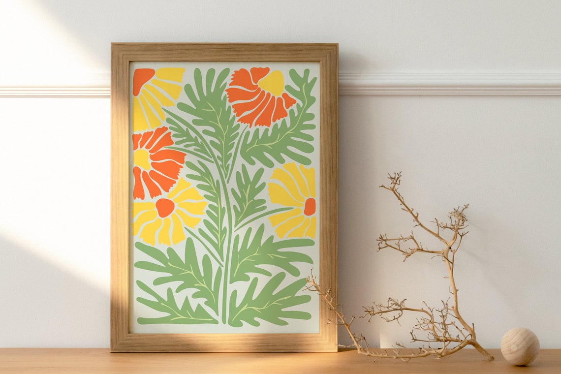 Green and Orange Abstract Floral Poster with Leafy Green Stems