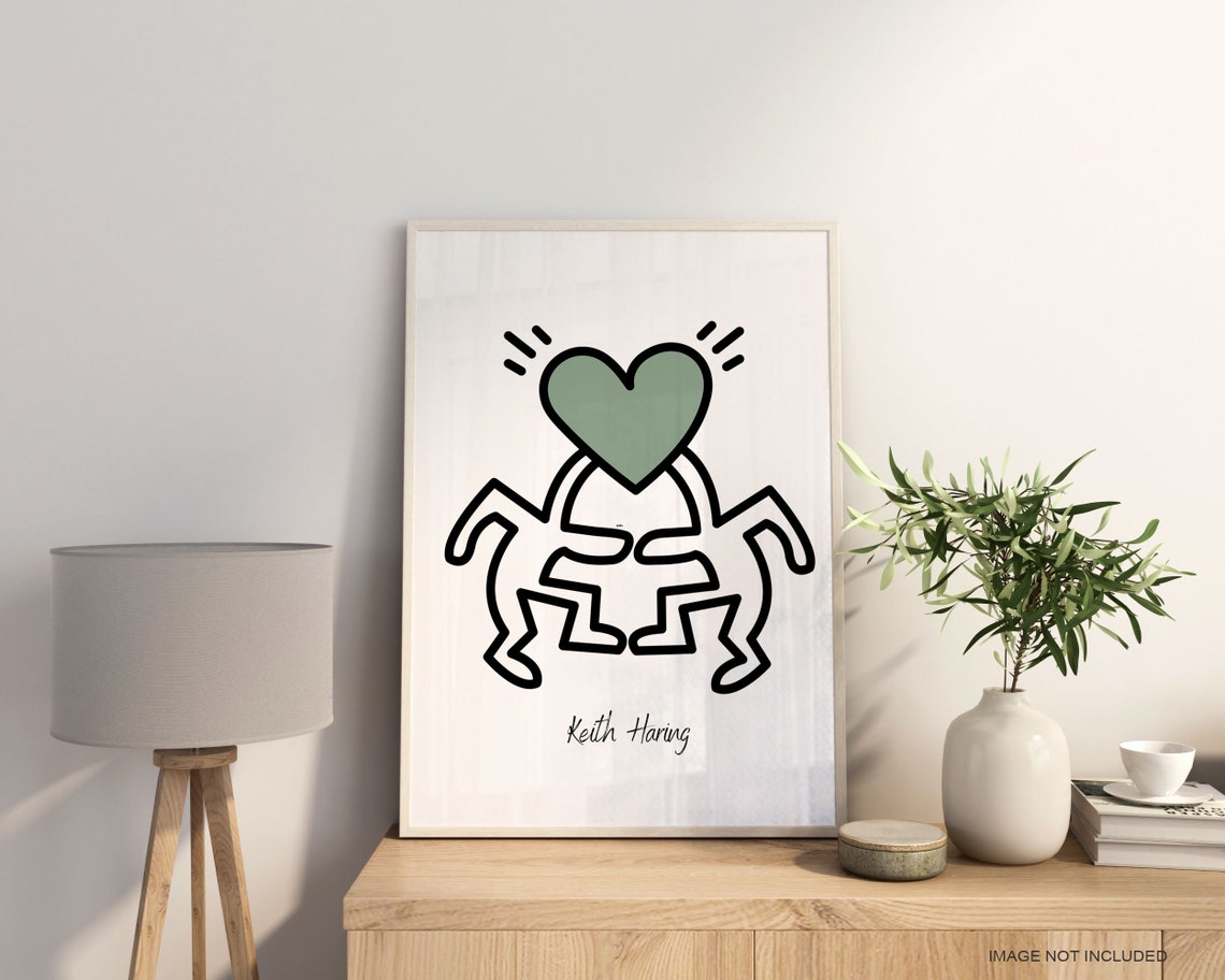 Keith Haring-Style Figures Holding Green Heart Pop Art Poster - Image 3