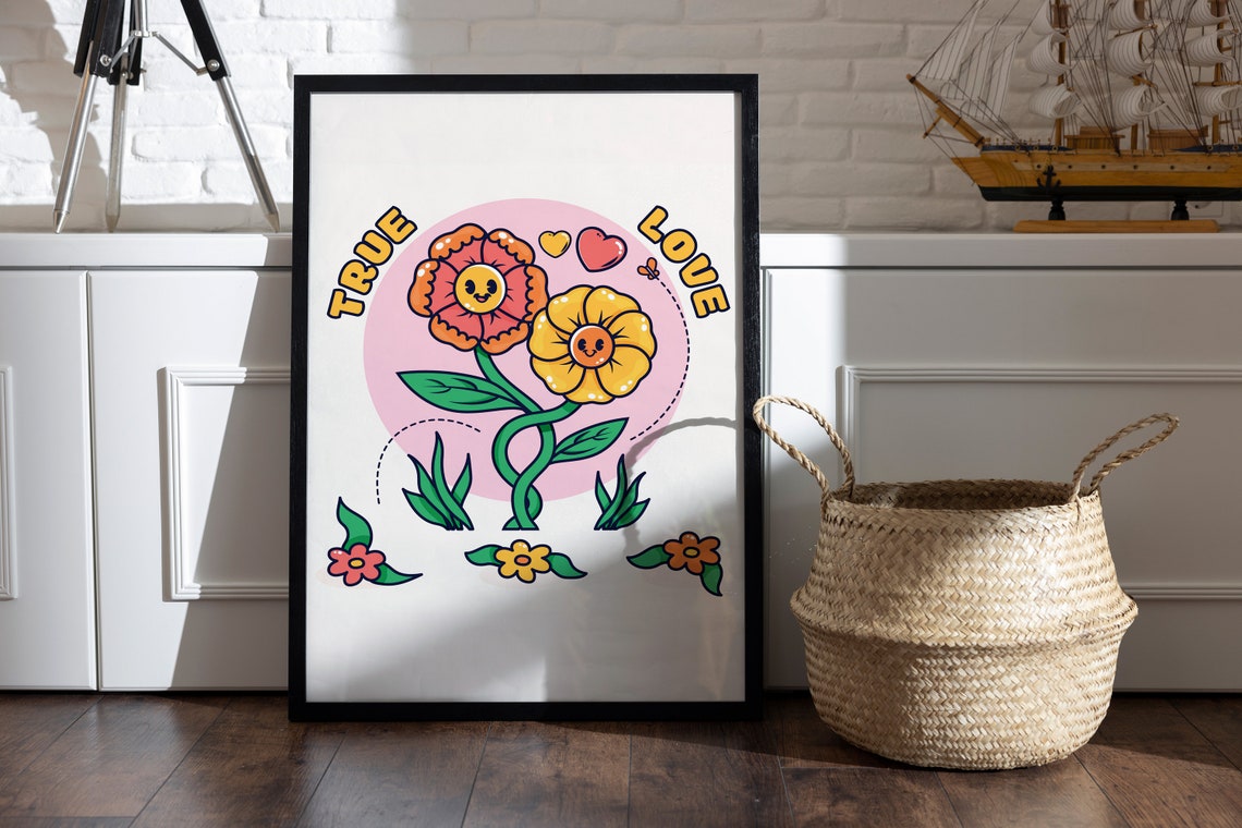 True Love Retro Smiling Cartoon Flowers Sweet Romance Gift Poster - Image 2