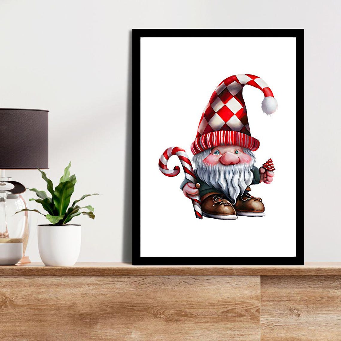 Cute Christmas Gnome With Checkered Hat And Candy Cane Poster