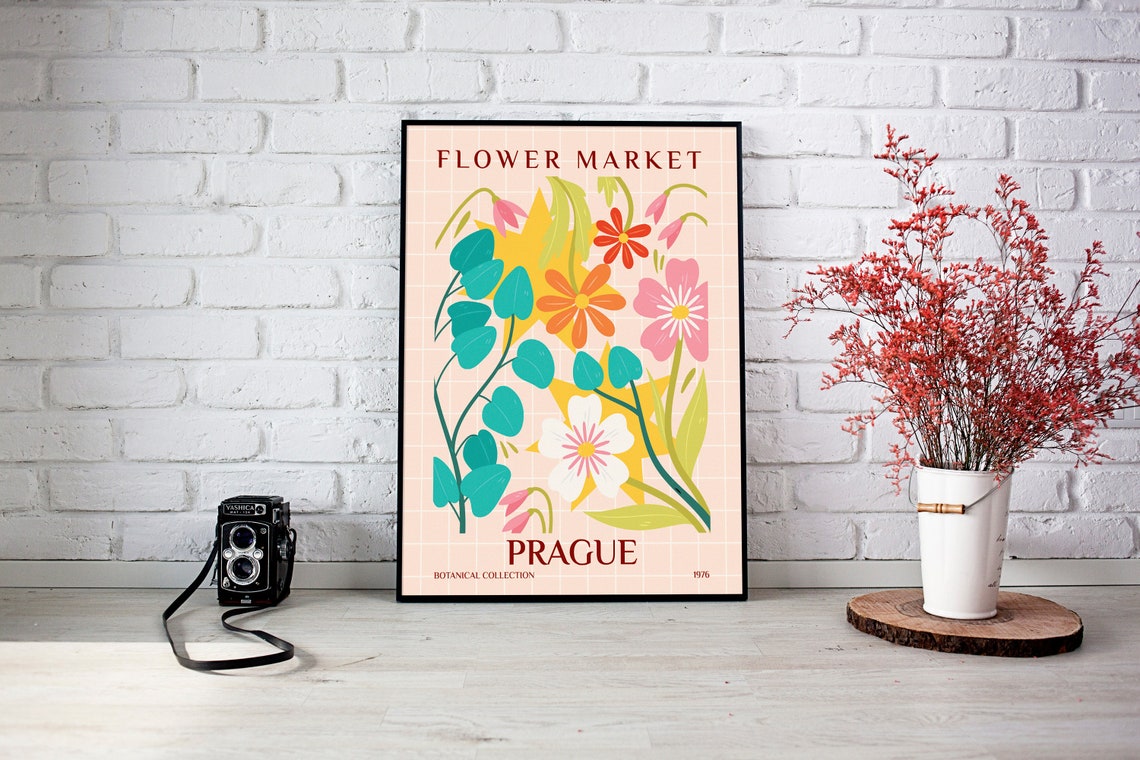 Prague Flower Market Botanical Collection Teal Bloom Art Poster - Image 2