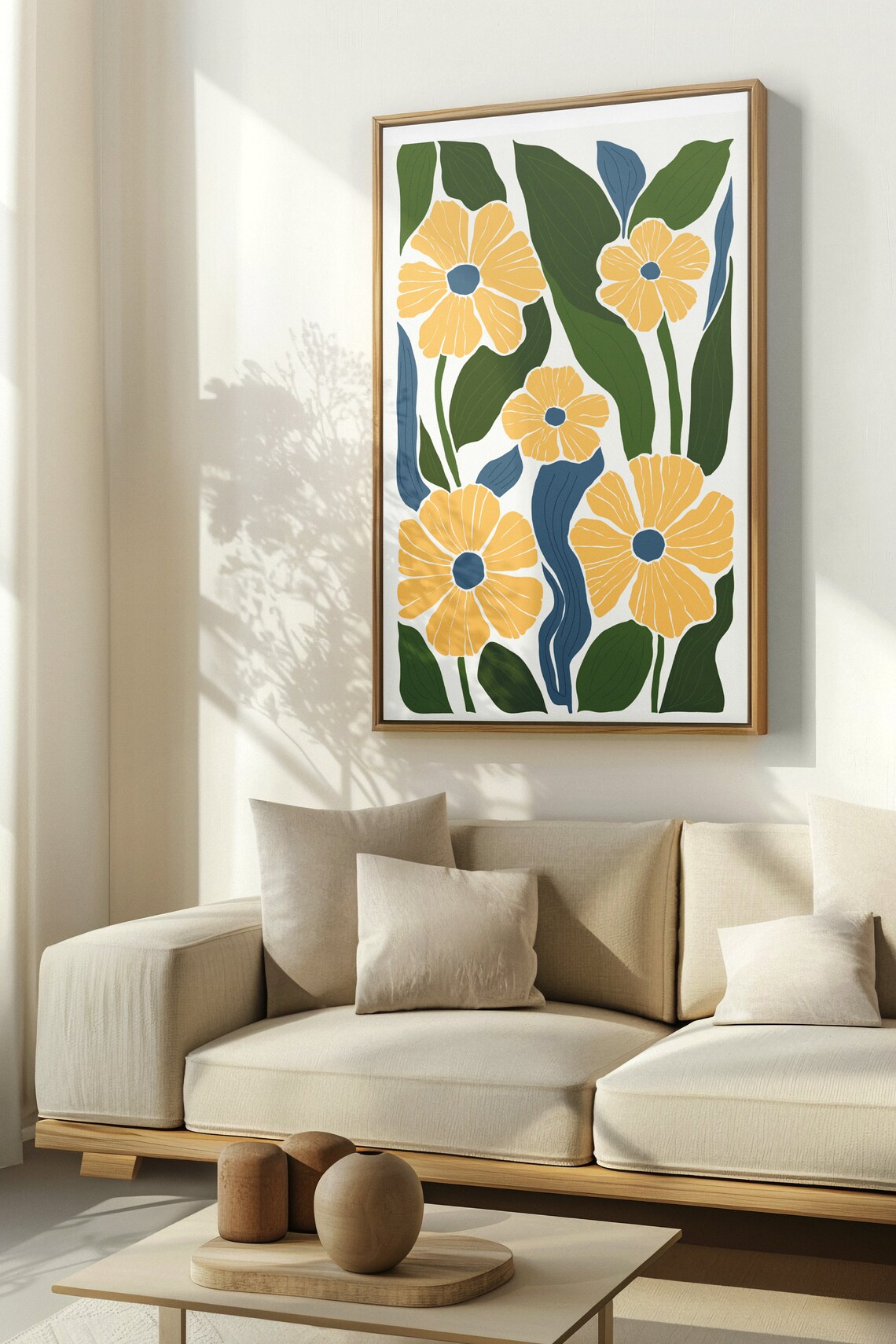 Golden Yellow Flowers Blue Centers Green Leaves Botanical Poster - Image 2