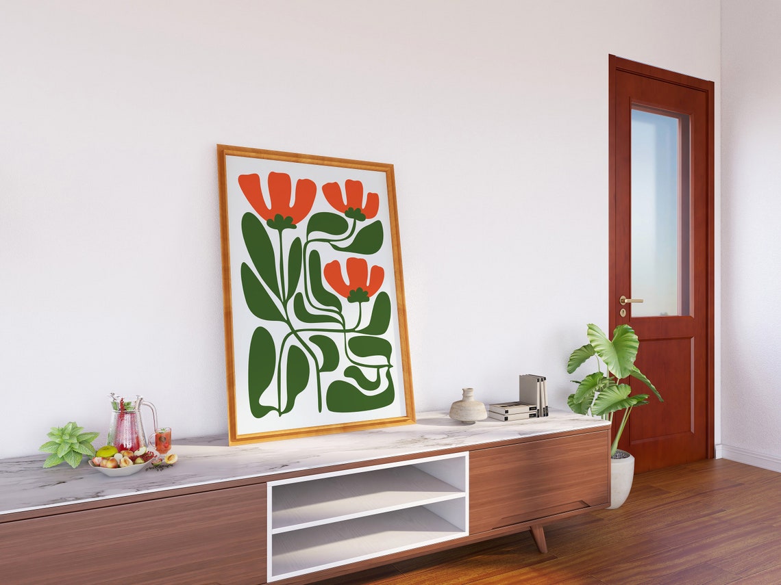 Bold Red Tulips Abstract Mid Century Botanical Graphic Poster - Image 3