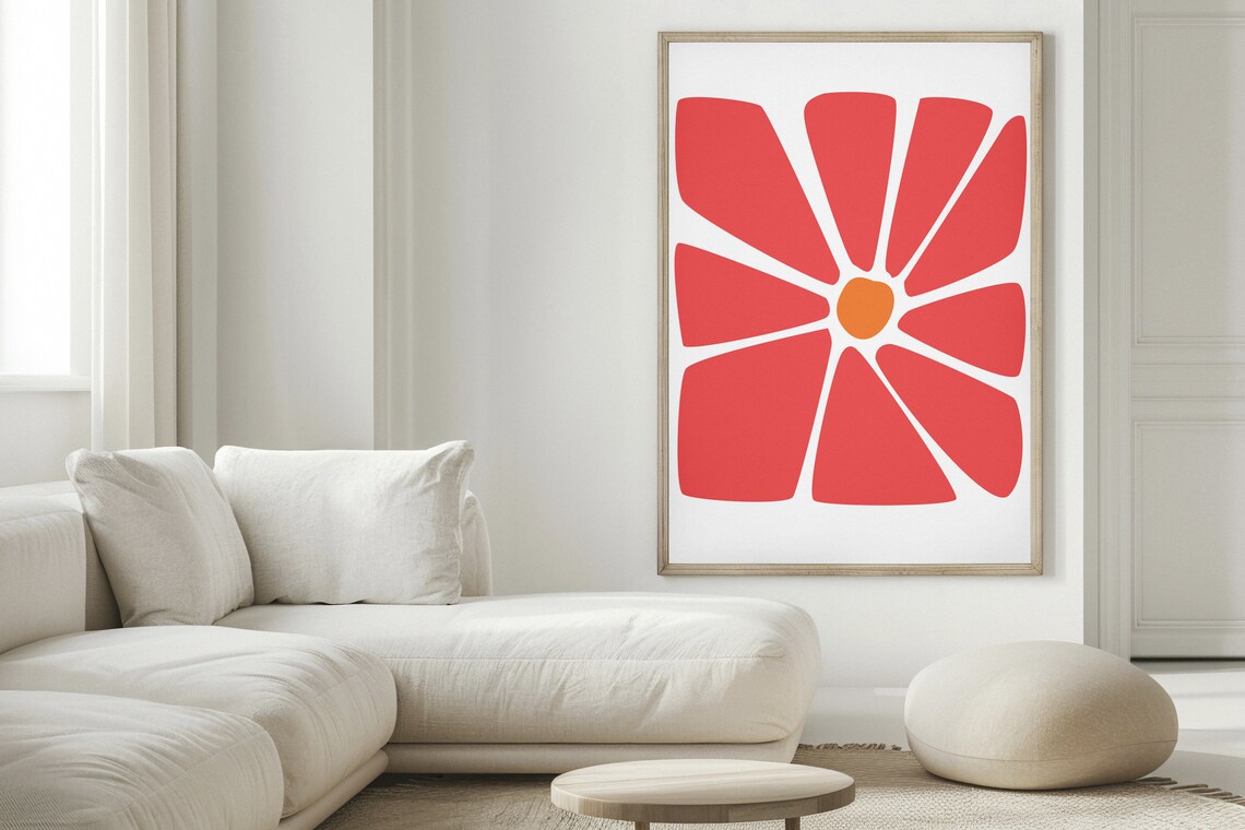 Coral Red Daisy Poster with Orange Center on Clean White Art