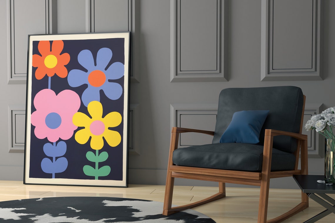Bold Colorful Retro Flower Blocks Navy Blue Modern Graphic Art Print - Image 3