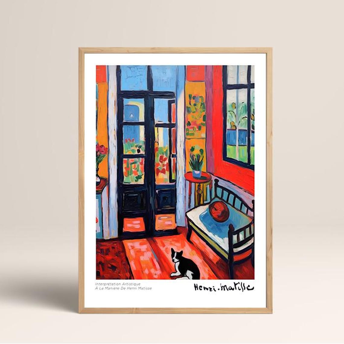 Matisse Style Bold Red Interior Black Cat Window Scene Art Poster - Image 2