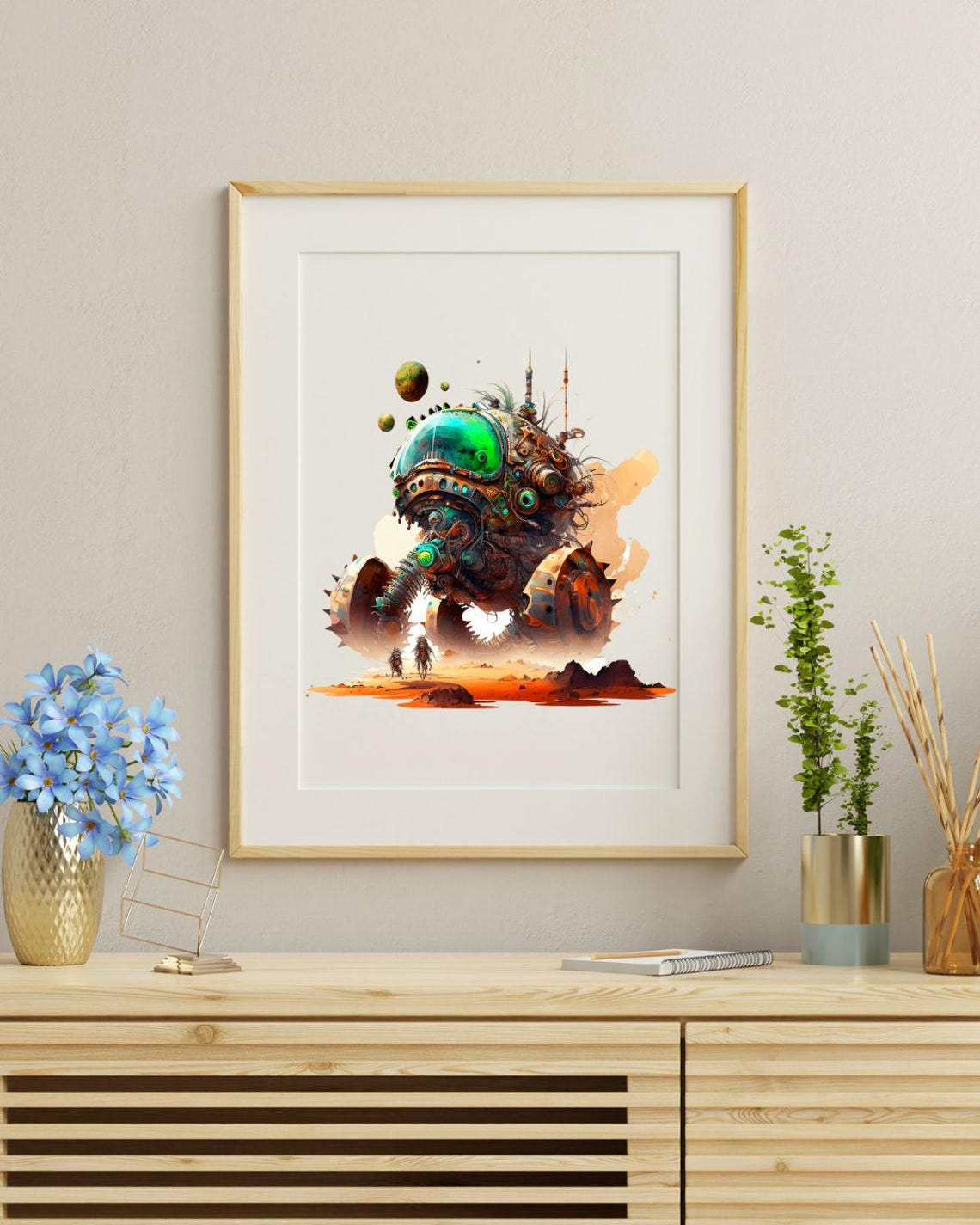 Steampunk Robot Explorer Alien Desert Planet Sci Fi Poster Art