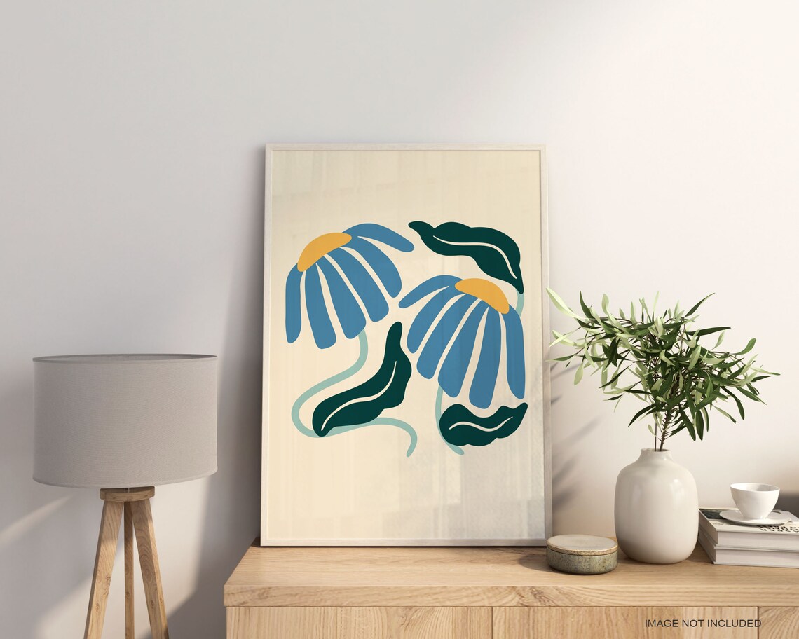 Matisse-Style Two Abstract Blue Flowers Botanical Art Poster - Image 3