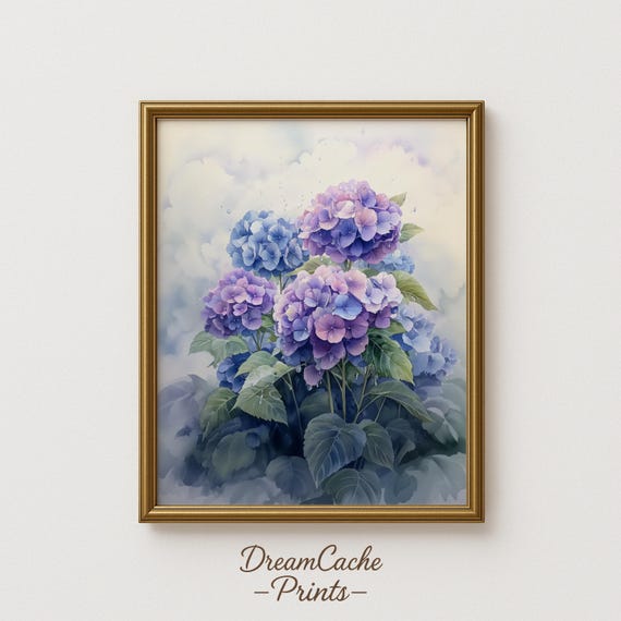 Hydrangea Watercolor Wall Art Moody Summer Garden Florals Misty Blue Ink Flower Bush Botanical Print 135