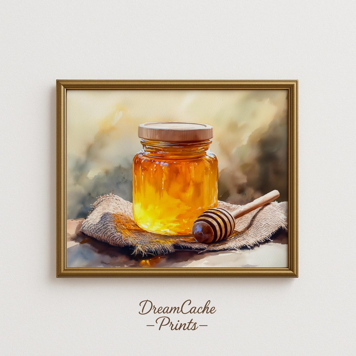 Honey Jar With Wooden Dipper Watercolor Still Life Kitchen Poster